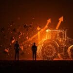 Fundador de startup hardware frente a un tractor digital, ilustrando pivot y despidos en Monarch Tractor con lecciones para emprendedores tech en LATAM.