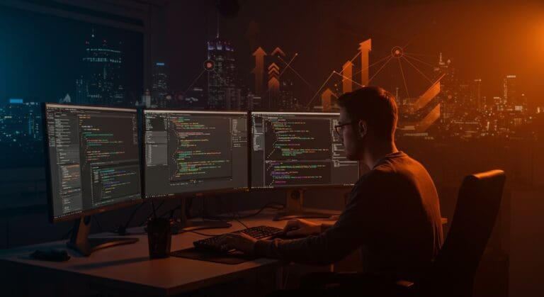 Founder tech motivado practicando LeetCode rodeado de símbolos digitales de comunidad y desarrollo profesional en la industria tecnológica.