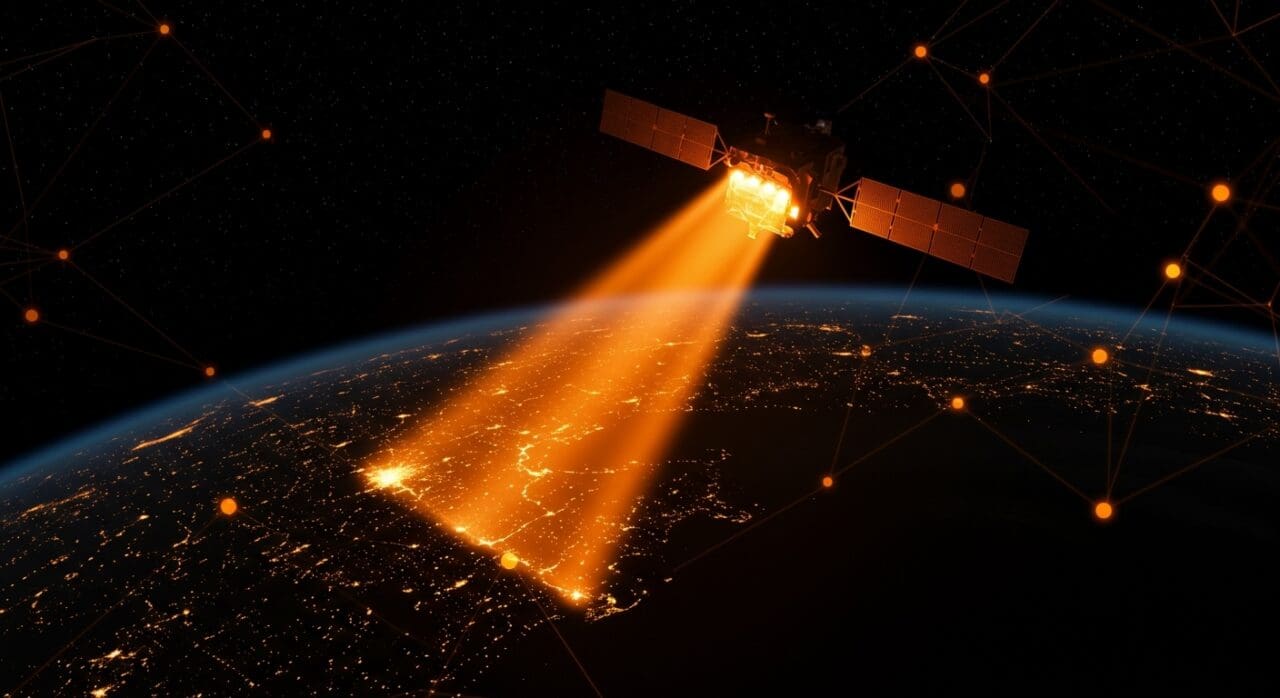 Satélite innovador de luz solar artificial iluminando ciudades nocturnas, simbolizando sostenibilidad e innovación en tecnología espacial.