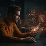 Founder de startup tecnológica analizando arquitecturas de microservicios y monolitos modulares para escalabilidad en software.