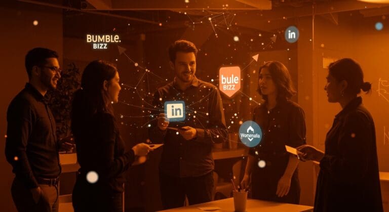 Networking empresarial para startups en LATAM, mostrando fundadores colaborando en coworking con conexiones digitales y símbolos de networking profesional.