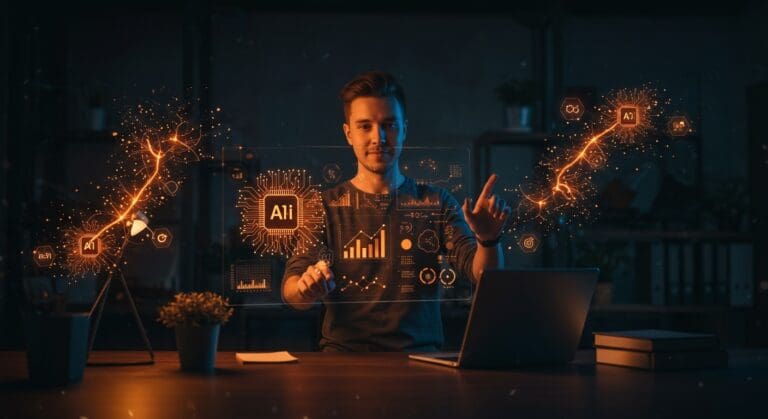 Founder utilizando herramientas de inteligencia artificial no-code para automatización y escalabilidad en startups tecnológicas.