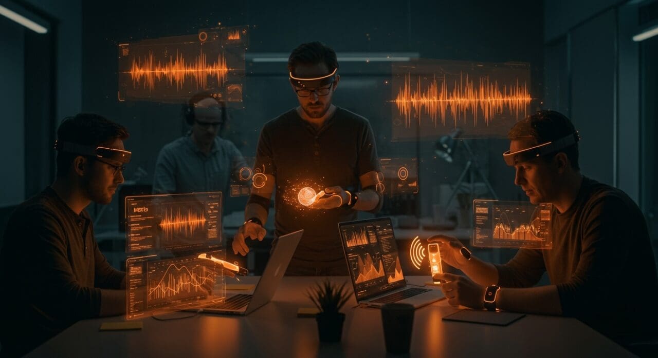 Equipo de exempleados de Meta desarrollando tecnología wearable innovadora para productividad y música en una startup tecnológica.