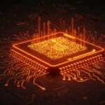 Chip analógico futurista resaltado en paleta naranja y negro representando aceleración revolucionaria en hardware IA y comparación con GPUs Nvidia.