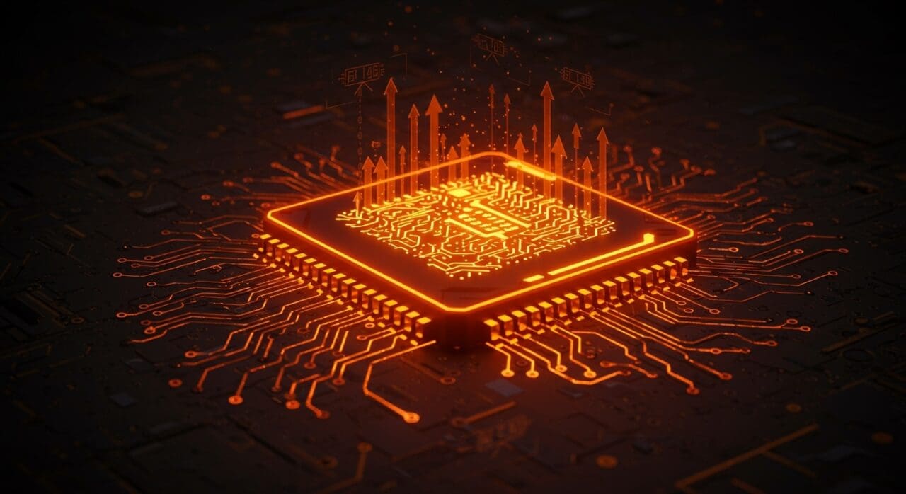 Chip analógico futurista resaltado en paleta naranja y negro representando aceleración revolucionaria en hardware IA y comparación con GPUs Nvidia.