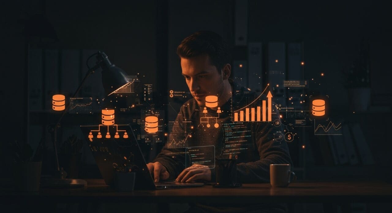 Fundador de startup trabajando con bases de datos Postgres económicas y escalables para SaaS, en un ambiente tecnológico moderno y enfocado.