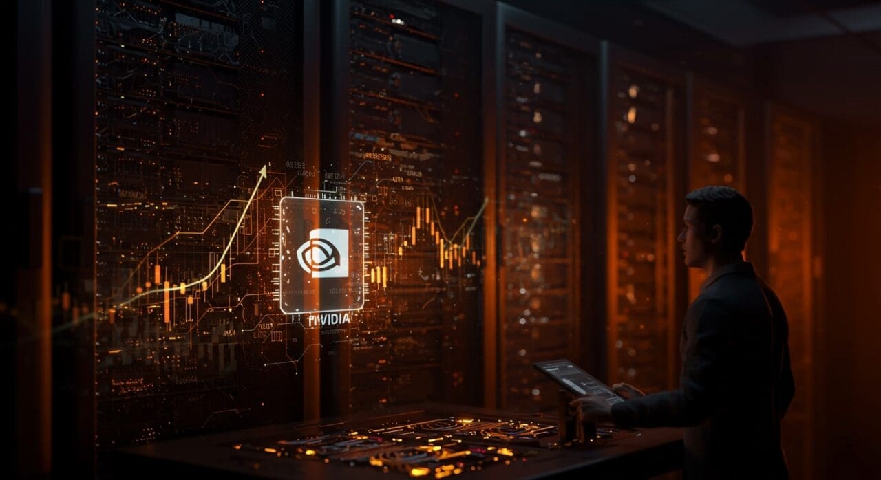 Centro de datos futurista con símbolo Nvidia y redes neuronales que representan crecimiento en IA y mercado tecnológico.