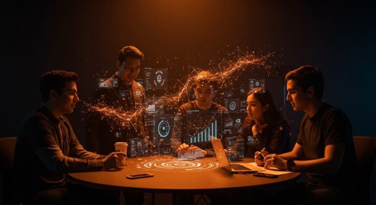 Fundadores de startups mexicanas colaborando en un entorno tecnológico futurista con representaciones visuales de inteligencia artificial y ecosistema Nvidia Inception.