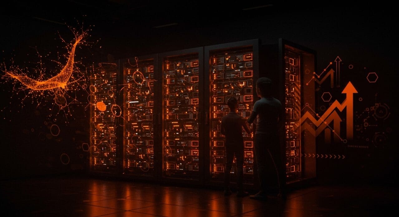 Servidor de IA de Nvidia iluminado en naranja y negro, representando integración vertical y tendencias en hardware e infraestructura para startups y empresas tecnológicas.