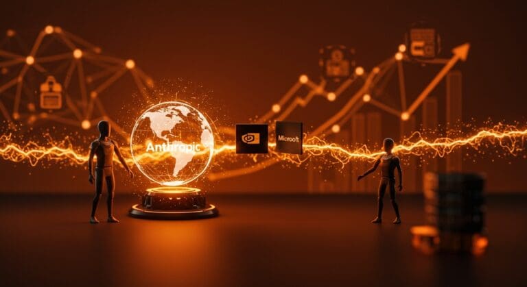 Colaboración visual de Nvidia y Microsoft en inversión de IA en Anthropic destacando impacto en startups y funding en Latinoamérica.