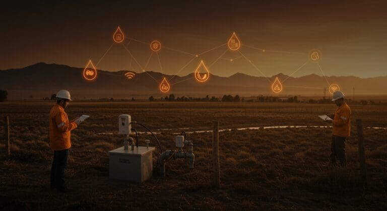 Gestión inteligente de agua potable rural en Chile mediante tecnología con sensores inteligentes y sostenibilidad, representando la expansión de la startup Octocelio.