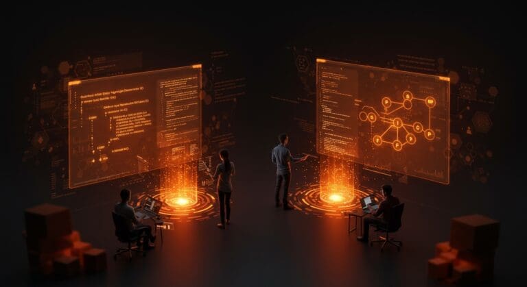 Contraste visual entre programación orientada a objetos y funcional en un equipo startup, mostrando impacto en desarrollo y escalabilidad de software.