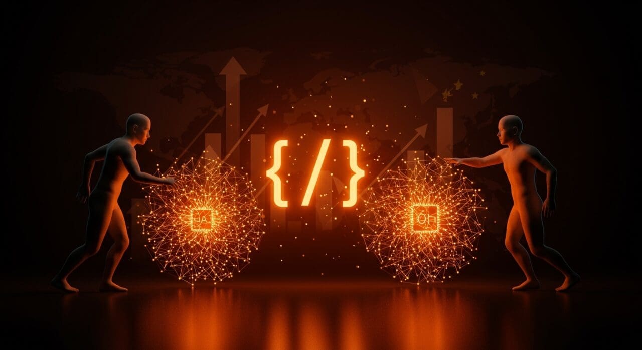 Competencia global en IA entre Estados Unidos y China impulsada por open source, ilustrando innovación tecnológica para startups.