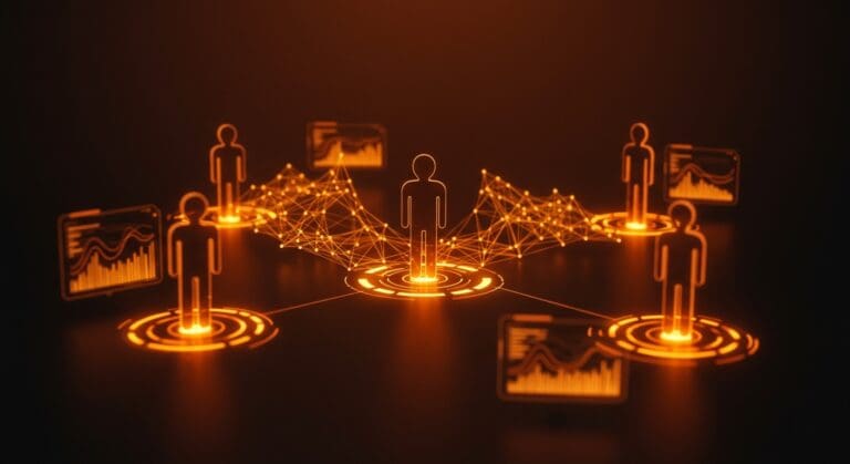 Red de agentes inteligentes para IA open source colaborando y automatizando procesos en un entorno digital futurista.