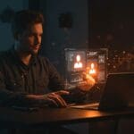 Interacción de un emprendedor con anuncios integrados en ChatGPT, representando el impacto y oportunidades de monetización en inteligencia artificial.