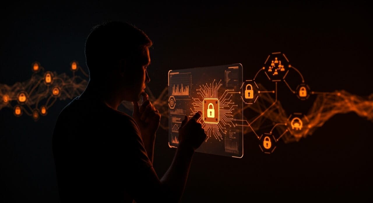 Fundador tecnológico evaluando seguridad y ética en inteligencia artificial aplicada con representaciones visuales de redes neuronales y candados digitales.