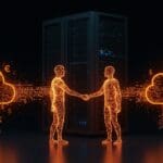 Acuerdo estratégico entre OpenAI y Microsoft representado con datos digitales y centros de datos naranja y negro, enfatizando costos e infraestructura de IA.