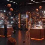 Asistentes de compra IA en un entorno retail futurista innovador, destacando la personalización y tecnología de startups retailtech.