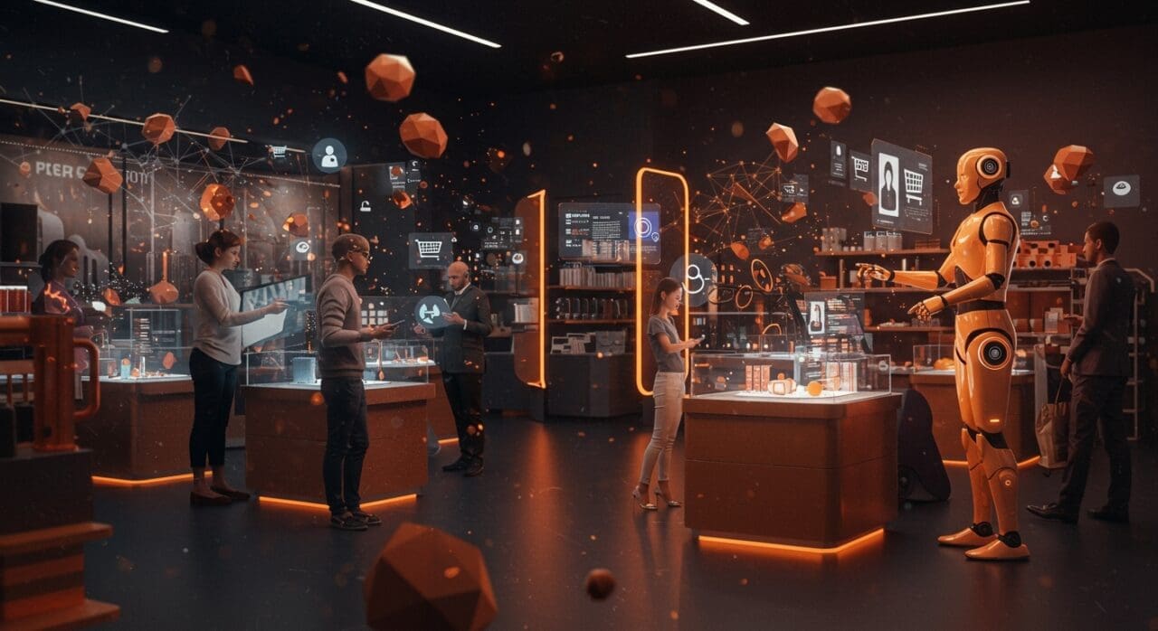 Asistentes de compra IA en un entorno retail futurista innovador, destacando la personalización y tecnología de startups retailtech.