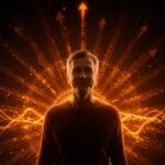 Persona optimista simbolizando longevidad excepcional y bienestar psicológico en contexto de estudio longitudinal, con paleta ecosistema startup naranja y negro.