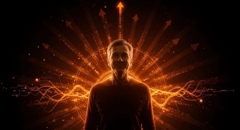 Persona optimista simbolizando longevidad excepcional y bienestar psicológico en contexto de estudio longitudinal, con paleta ecosistema startup naranja y negro.