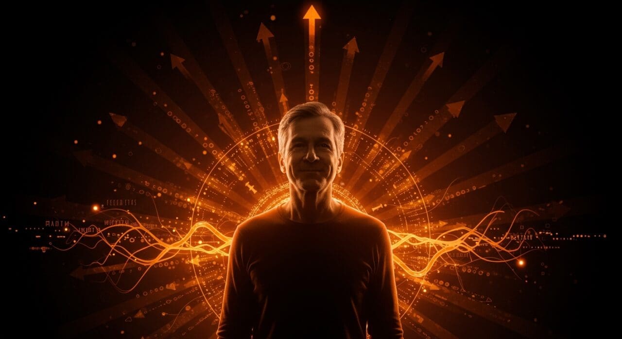 Persona optimista simbolizando longevidad excepcional y bienestar psicológico en contexto de estudio longitudinal, con paleta ecosistema startup naranja y negro.