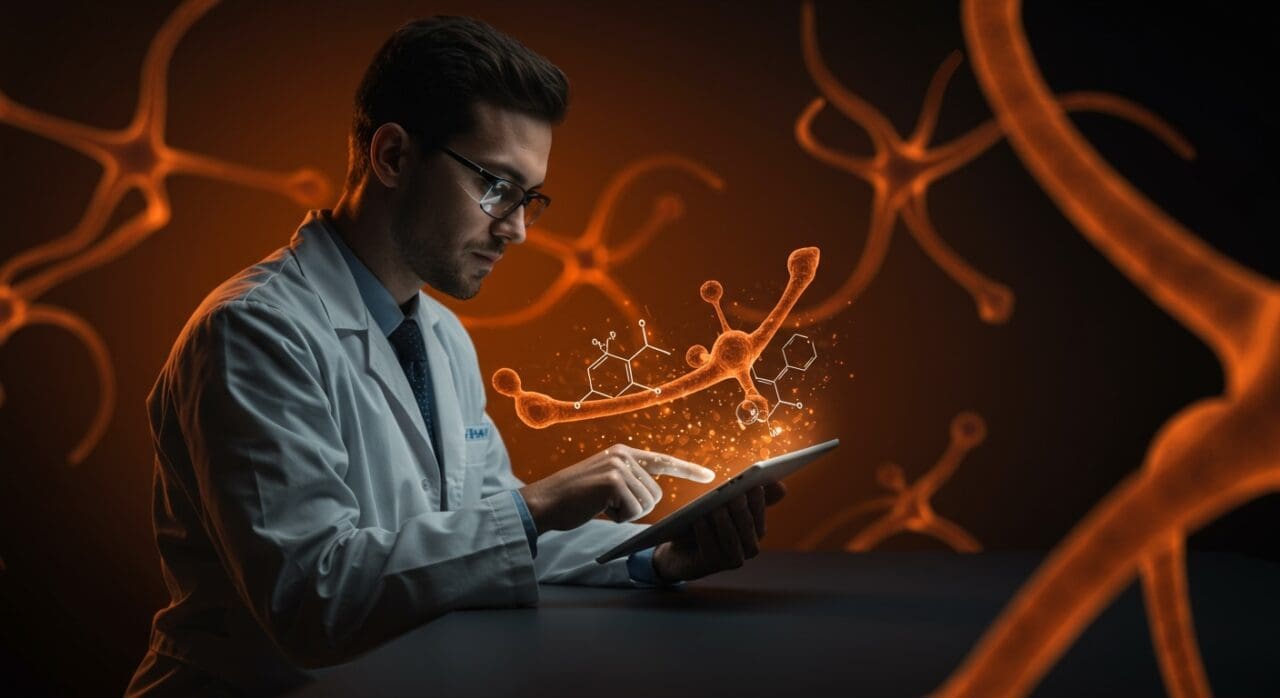 Estudio científico sobre Ozempic y Alzheimer con metáforas visuales de biotecnología y tendencias en salud startup.