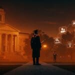 Joven graduado frente a un cruce entre universidad tradicional y programa innovador de Palantir, simbolizando la disrupción en la educación superior y tendencias en reclutamiento tech.