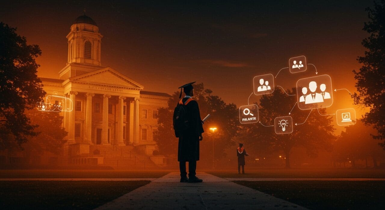 Joven graduado frente a un cruce entre universidad tradicional y programa innovador de Palantir, simbolizando la disrupción en la educación superior y tendencias en reclutamiento tech.
