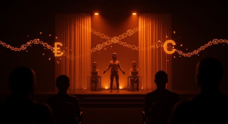 Representación teatral de Web3 y open source destacando la paradoja entre descentralización y espectáculo en la economía digital.