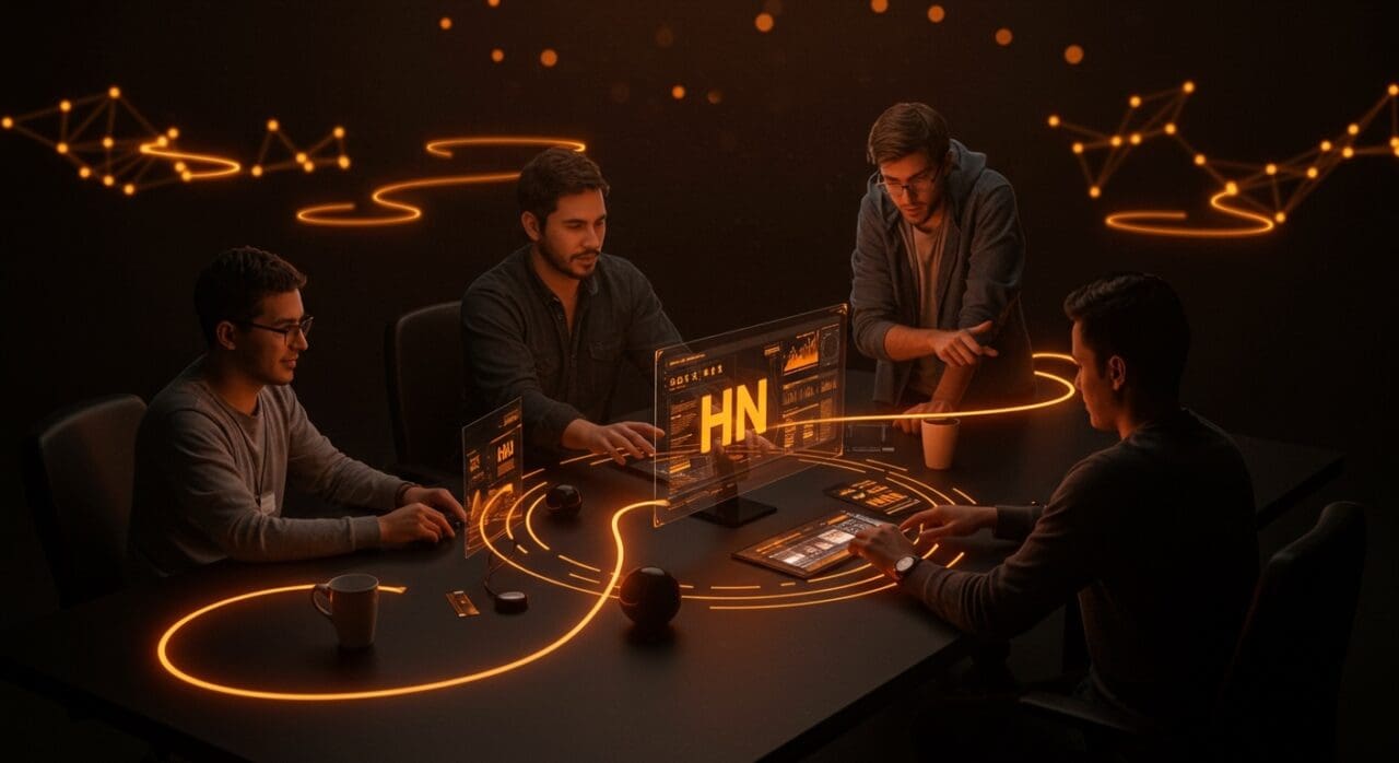 Fundadores latinos colaborando en comunidad HN activa para impulsar startups con moderación eficaz.