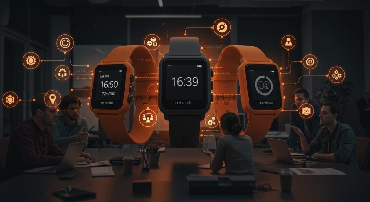 Dispositivos smartwatch Pebble, Rebble y Core Devices representando colaboración y propiedad intelectual en comunidad open source de hardware wearable.