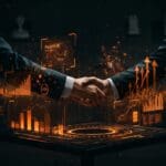 Acuerdo de licenciamiento de IA entre People Inc y Microsoft simbolizado por profesionales conectando redes tecnológicas.