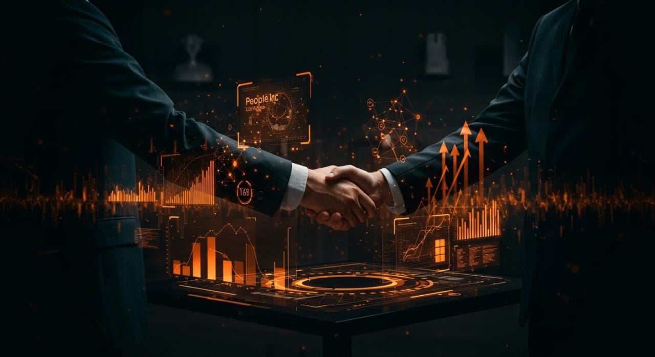 Acuerdo de licenciamiento de IA entre People Inc y Microsoft simbolizado por profesionales conectando redes tecnológicas.