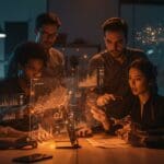 Fundadores e inversionistas de startups IA colaborando con datos y métricas para alcanzar product-market fit en el ecosistema tecnológico.