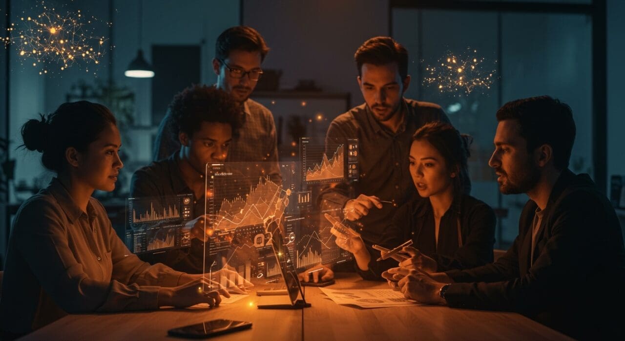 Fundadores e inversionistas de startups IA colaborando con datos y métricas para alcanzar product-market fit en el ecosistema tecnológico.