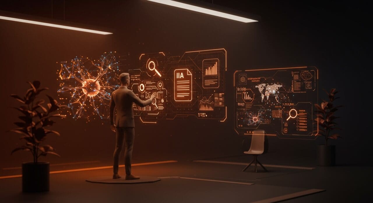 Interfaz futurista de gestión de archivos con IA aplicada para startups tech, destacando automatización y búsqueda inteligente.