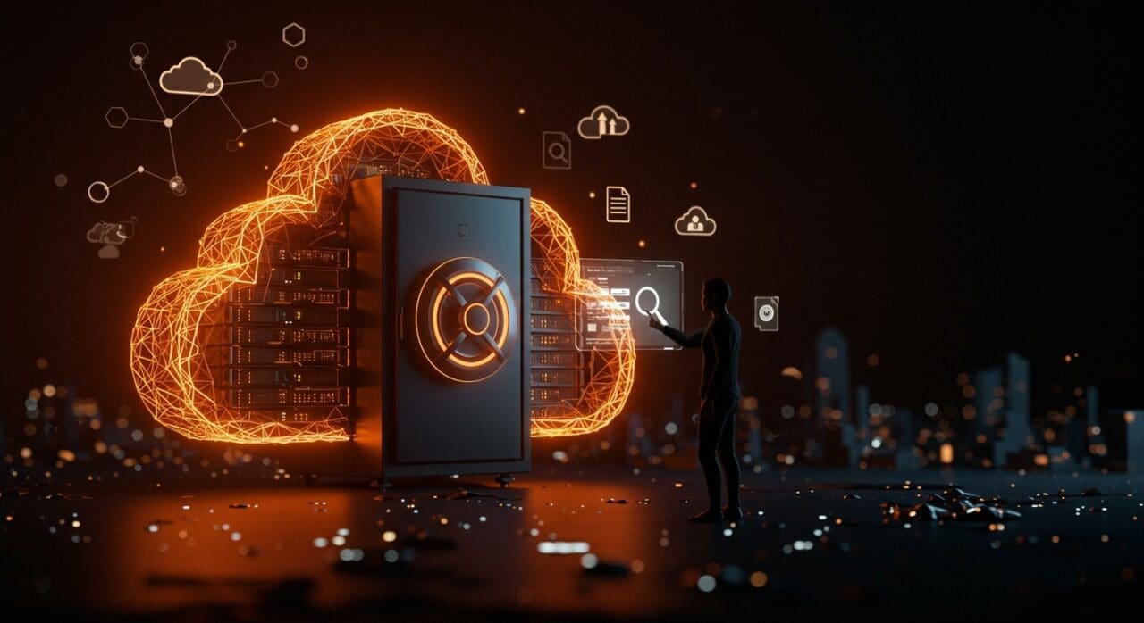 Interfaz holográfica de búsqueda AI en almacenamiento en la nube de Poly destacando gestión avanzada de archivos para founders tech.