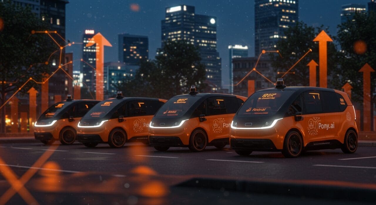 Flota de robotaxis autónomos de Pony.ai en una ciudad moderna, simbolizando la expansión de movilidad autónoma impulsada por IA para 2026.