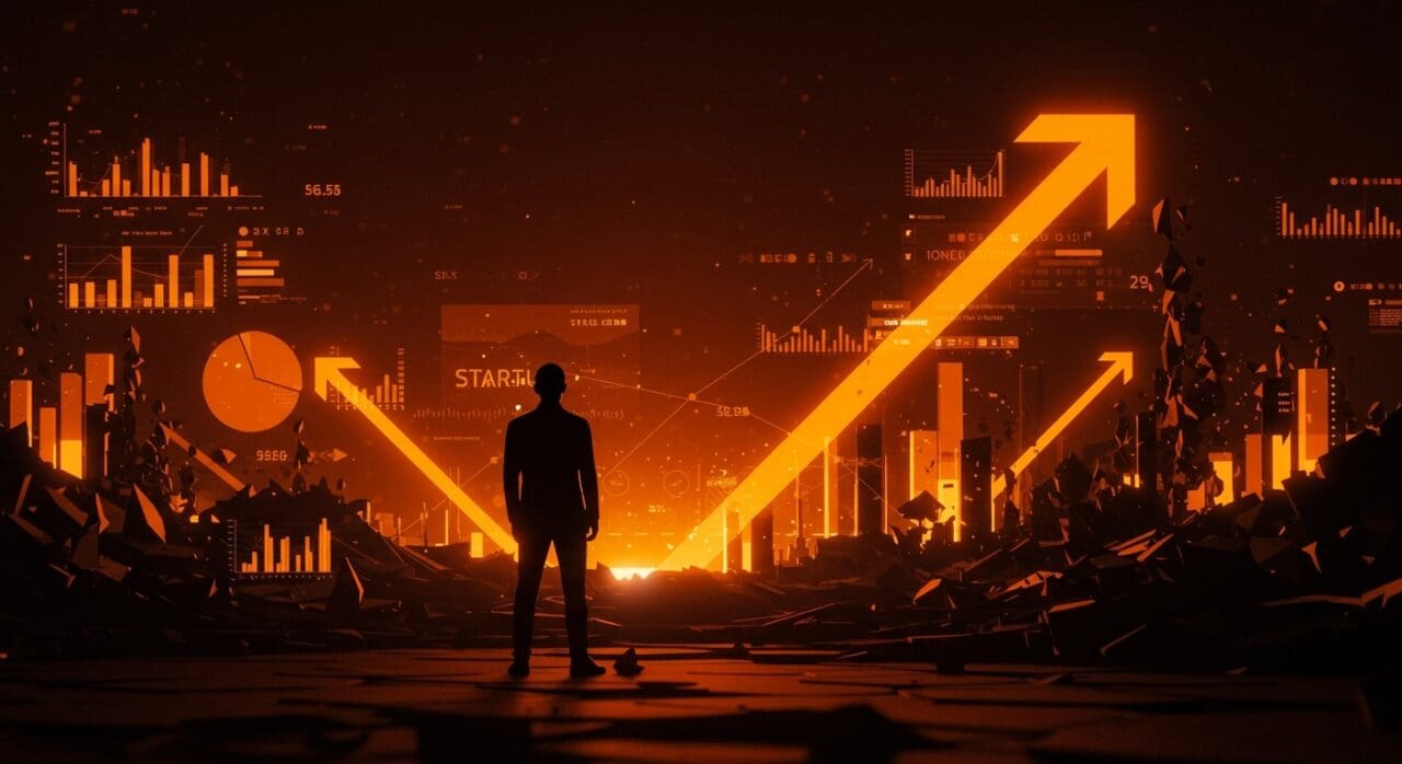 Imagen editorial de emprendedor en serie frente a un paisaje digital que simboliza el fracaso y éxito de startups con elementos visuales de escalabilidad y ventaja competitiva.