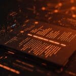 Imagen estilizada de modelos de IA usando em-dashes largos en un entorno digital abstracto con redes neuronales y datos de entrenamiento.