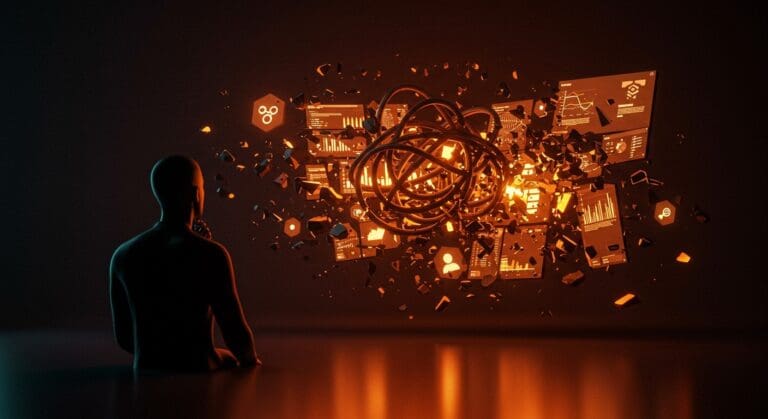 Fundador tech frente a un tablero digital inestable, ilustrando problemas de Grafana en monitoreo y observabilidad para startups SaaS.