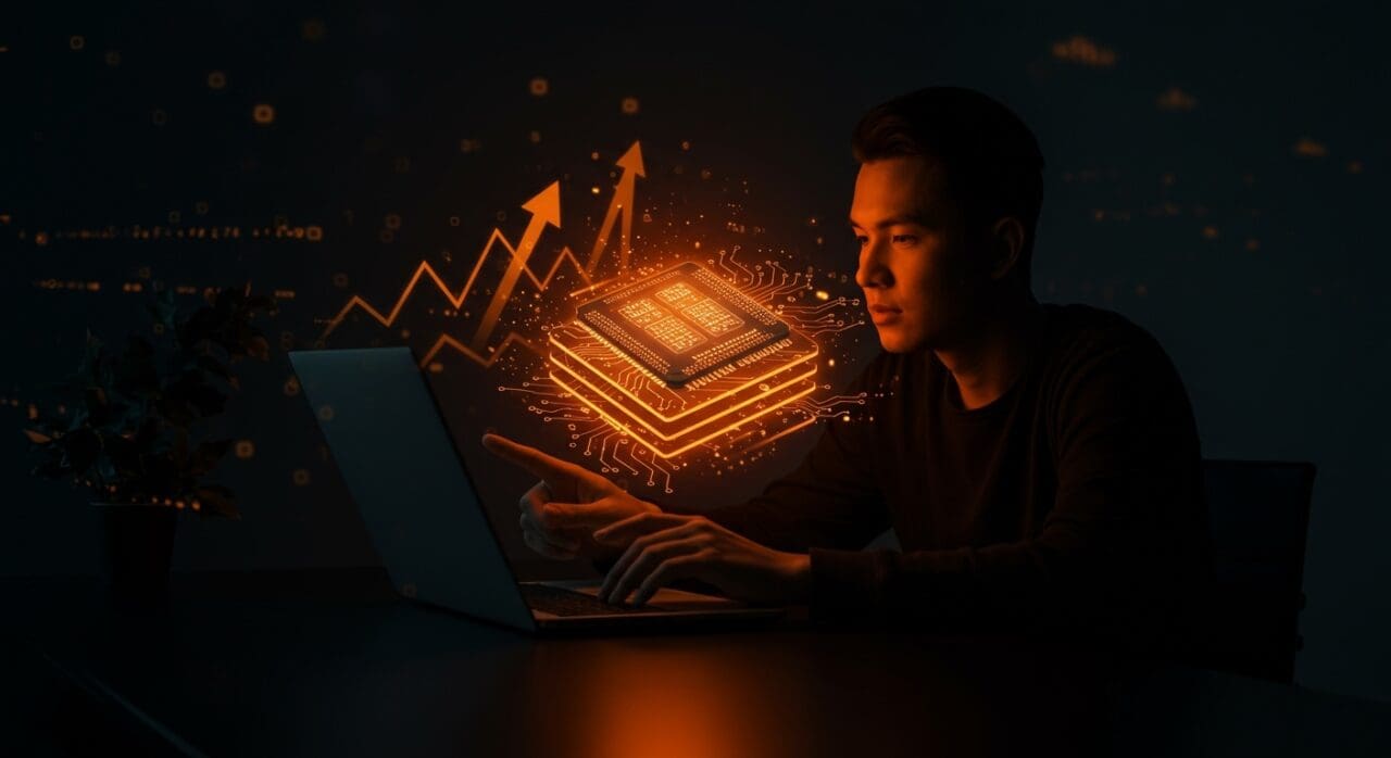 Founder analizando chip DRAM con flechas ascendentes que representan la subida de precios en el mercado tecnológico.