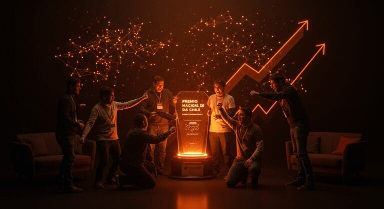 Innovadores de startups chilenas celebrando el Premio Nacional de IA con metáforas visuales de inteligencia artificial y crecimiento tecnológico en el ecosistema tech de Chile.