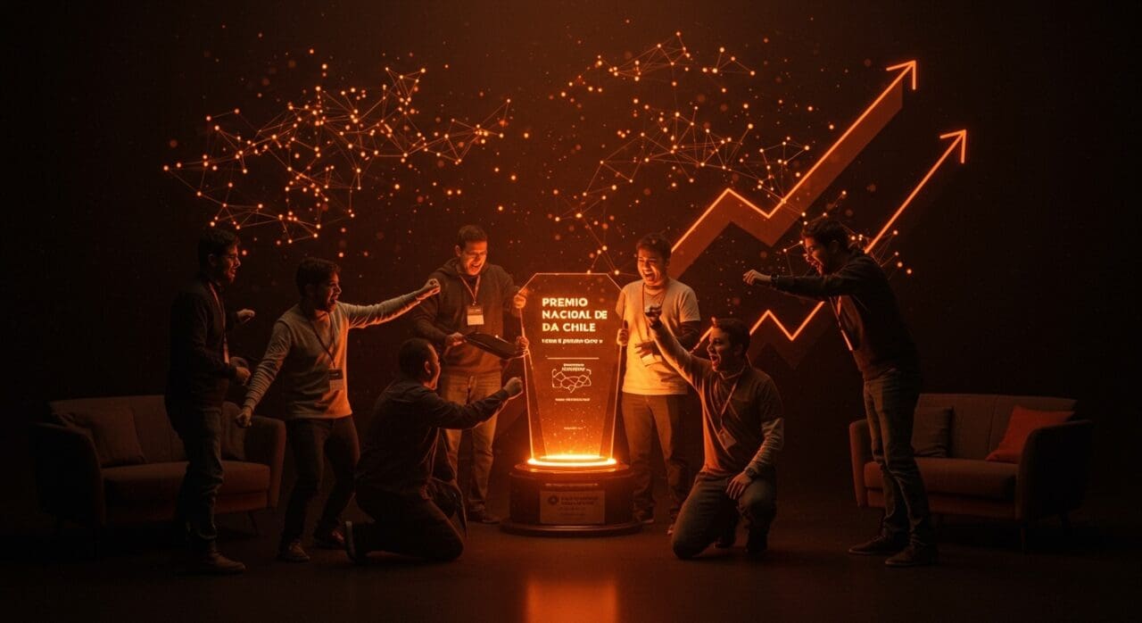 Innovadores de startups chilenas celebrando el Premio Nacional de IA con metáforas visuales de inteligencia artificial y crecimiento tecnológico en el ecosistema tech de Chile.