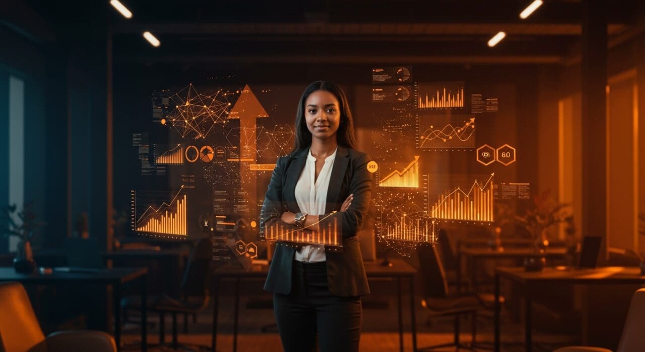 Mujer líder de startup destacada en un espacio moderno con gráficos digitales, representando innovación y liderazgo en el ecosistema emprendedor de tecnología.