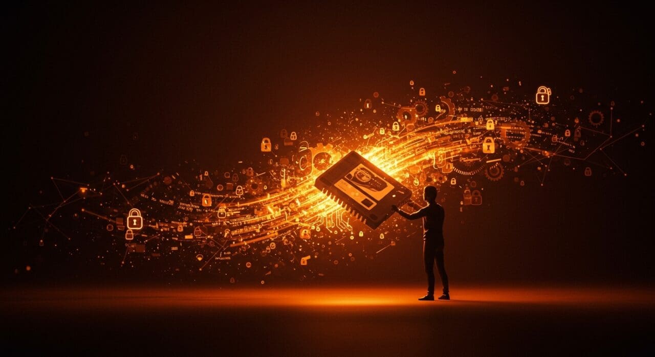 Preservación de videojuegos con enfoque en retos legales y técnicos clave para mantener el software legacy, ilustrado con metáforas digitales en paleta naranja y negro.