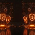 Conflicto simbólico entre OpenAI y The New York Times sobre la privacidad y protección de datos en ChatGPT, representado con metáforas digitales de seguridad y redes neuronales de IA.