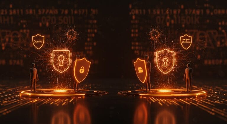 Conflicto simbólico entre OpenAI y The New York Times sobre la privacidad y protección de datos en ChatGPT, representado con metáforas digitales de seguridad y redes neuronales de IA.