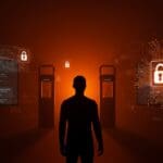 Fundador frente a escáneres biométricos y pantallas de privacidad, representando desafíos de privacidad y compliance en startups con tecnología biométrica.